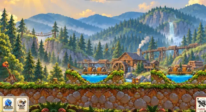 Seething Sheep in the Wildwood: a catapult on the left, a rope bridge over water with wolves on it, and the Crystal Shards and Smash sheep cards along the bottom.
