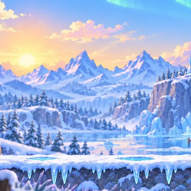 Frostfell, the third world: a snowy mountain valley with frozen pines under a pale sky.