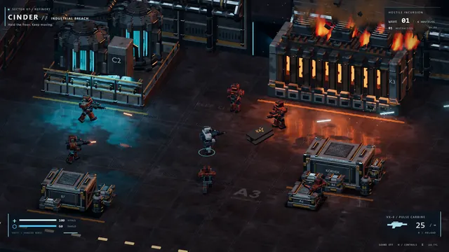 CINDER: a small armoured soldier in a burning refinery, with red-armoured guards closing in across a dark steel floor.