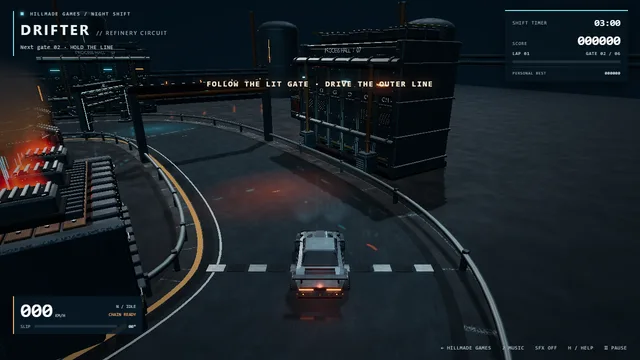 DRIFTER: a car drifting round a bend in a dark refinery, lit by its headlights, with pipework and glowing furnace panels beyond.