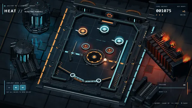 HEAT: a pinball table built like a reactor, with glowing bumpers, flippers and a bright core ball in play.