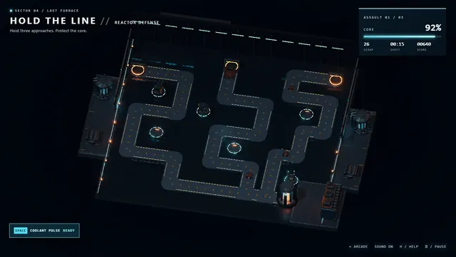 HOLD THE LINE: a top-down map of three winding routes leading to a furnace, with ring-marked turret pads beside the road.