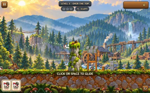 Seething Sheep in the Wildwood: a pilot sheep glides in a dotted arc over a mossy stone pillar towards wolves in a stone and timber fort, with pine forest, a waterfall and a sawmill behind.