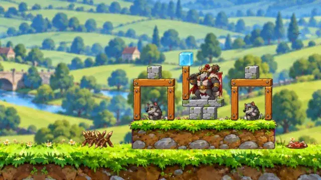 Seething Sheep, Meadows level 8: the Viking Chief on his stone tower between two wooden forts, with a wolf in each, waiting for the first shot.