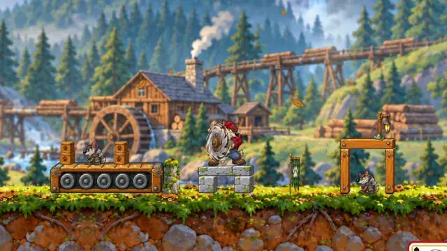Seething Sheep, Wildwood level 8: the Lumberjack Wolf behind his round sawblade shield on a stone block, next to the sawmill's conveyor belt.