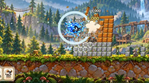 Seething Sheep in the Wildwood: a blue Crystal sheep bursts into shards inside a white ring, against a tall wooden tower on a stone base, with pine forest and a waterfall behind.