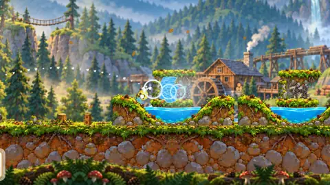 Seething Sheep in the Wildwood: a yellow Sponge sheep sprays a cone of water over a river, in front of the wolves' sawmill with its water wheel.